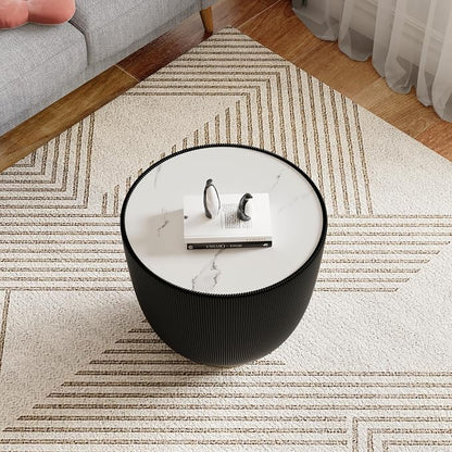 Black Round Side Table, 19.7" Faux Marble Fluted End Table - Image 4