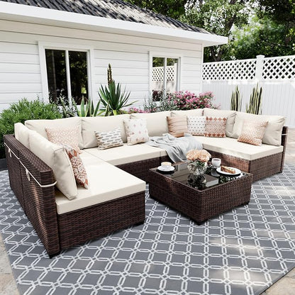 UPHA 7 Pieces Patio Furniture Sets, Wicker Outdoor Sectional Sofa Couch by UPHA
