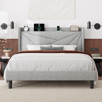 Feonase Full Bed Frame with Charging Station, Linen Upholstered Platform by FEONASE