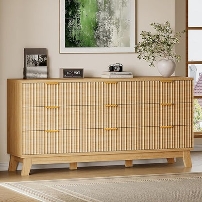 BORNOON 63" Long Dresser for Bedroom, 9-Drawer Fluted Dresser, Extra-Wide Wood by BORNOON