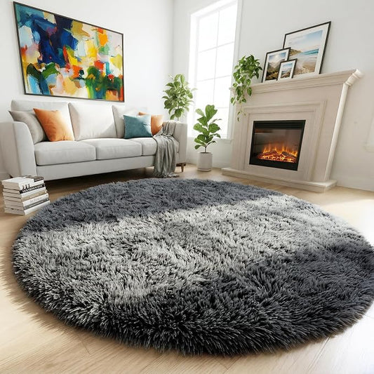 Amdrebio Grey Round Rugs 6Ft for Bedroom Living Room Decor, Fluffy Shaggy by Amdrebio