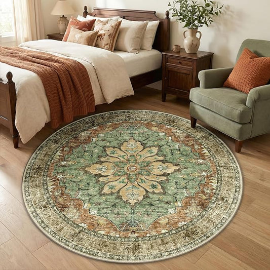 RELEANY Area Rugs Round 5ft Washable Non-Slip, Floral Vintage Distress Print by RELEANY