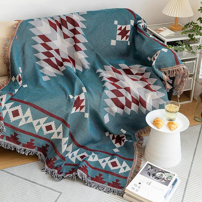 VClife Boho Couch Cover Soft Cotton Linen Blue Red Gray Triangle Plaid - Image 8