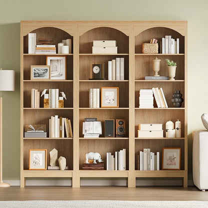 Arched Set of 2 Bookshelf with 5 Tier Open Shelves, Living Room, Natural Oak - Image 3
