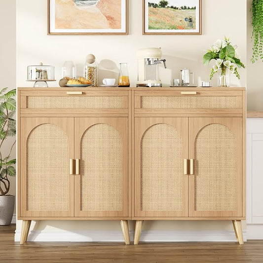 Rattan Buffet Sideboard Set of 2, Boho Buffet Cabinet by Keehusux
