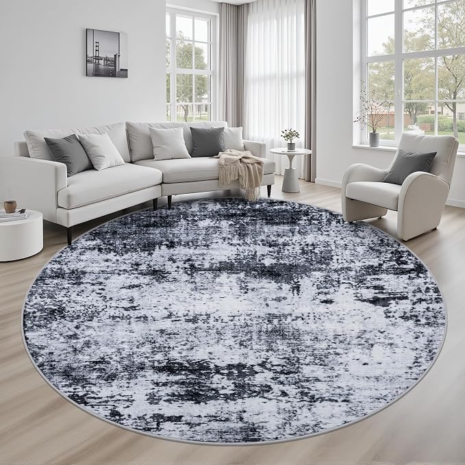 Round Area Rug for Living Room: 8 ft Washable Modern Abstract Soft Thin Rug by FXRHLP