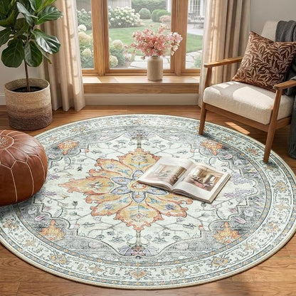 RELEANY Area Rugs Round 4ft Washable Non-Slip, Floral Vintage Distress Print - Image 2