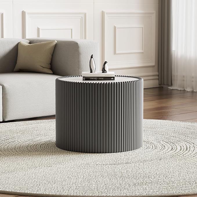 SSLine Round Drum Coffee Table Modern Sintered Stone Top Side End Table in Grey by SSLine
