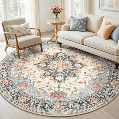 RELEANY Area Rugs Round 6ft Washable Non-Slip, Floral Vintage Distress Print by RELEANY