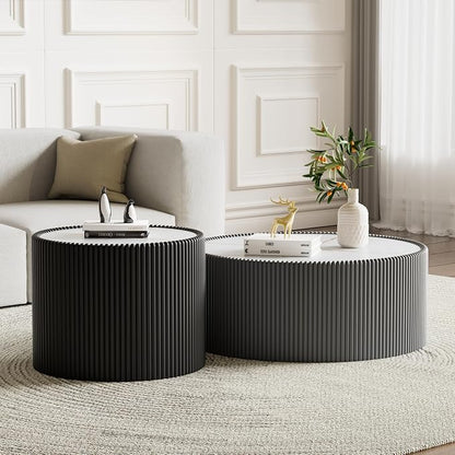 SSLine Round Drum Coffee Table Set of 2 Modern Sintered Stone Top Nesting by SSLine