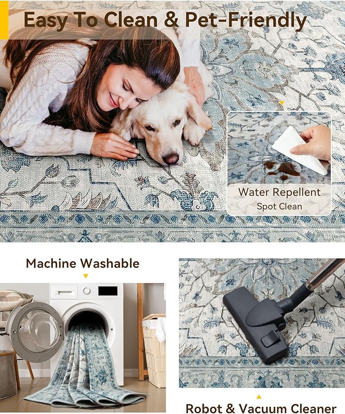 RELEANY Area Rugs 4'x5' Washable Non-Slip, Floral Vintage Distress Print - Image 5