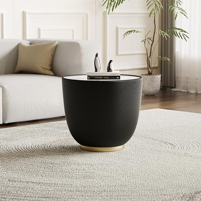 Black Round Side Table, 19.7" Faux Marble Fluted End Table - Image 3
