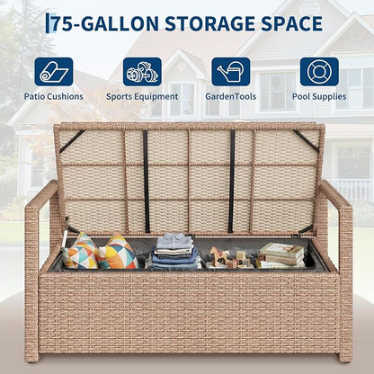 Outdoor Storage Bench with Cushion, Hand-Woven Yellow Wicker Deck Box with - Image 4