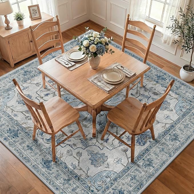 RELEANY Area Rugs Square 7ft Washable Non-Slip, Floral Vintage Distress Print by RELEANY
