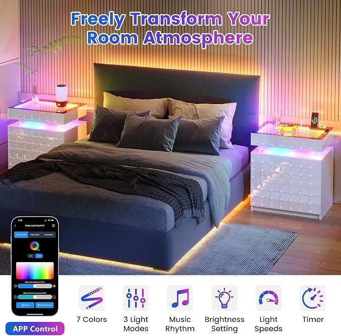 Night Stand with Charging Station and Smart RGB Lights, LED Nightstand with - Image 5