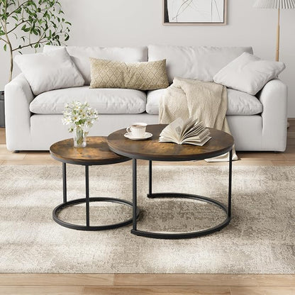 Smuxee Rustic Nesting Coffee Table Set of 2, 27.6" Round Coffee Table Wooden - Image 3