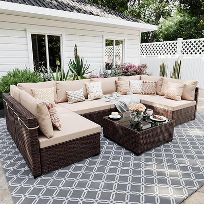 UPHA 7 Pieces Patio Furniture Sets, Wicker Outdoor Sectional Sofa Couch by UPHA