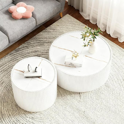 White Marble Coffee Table Set of 2, 29.52" Round Flued Coffee Table and End - Image 3