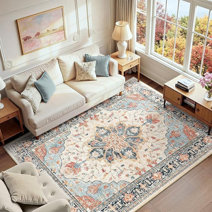 RELEANY Area Rugs 6'x9' Washable Non-Slip, Floral Vintage Distress Print by RELEANY