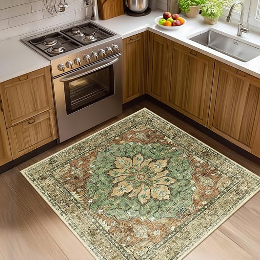 RELEANY Area Rugs Square 4ft Washable Non-Slip, Floral Vintage Distress Print by RELEANY