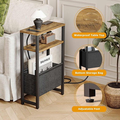 Narrow Side Table with Charging Station Slim End Table Sofa with Magazine Rack - Image 5