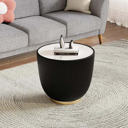 Black Round Side Table, 19.7" Faux Marble Fluted End Table by Henf